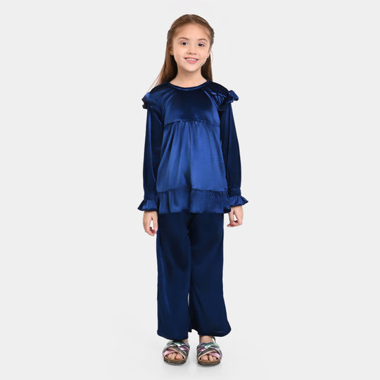 Girls Velvet Co-ord 2PC Set -Navy Blue