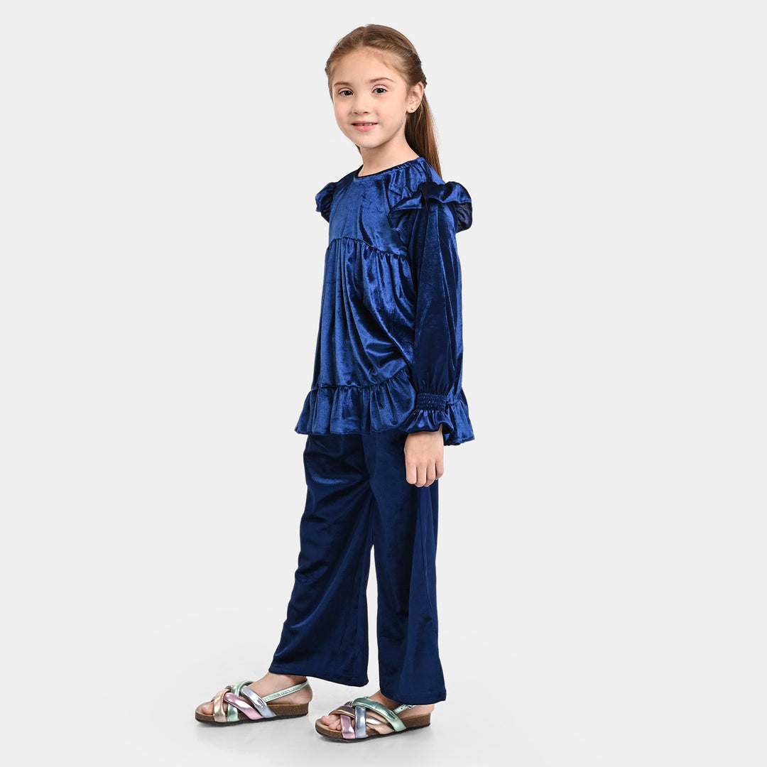 Girls Velvet Co-ord 2PC Set -Navy Blue