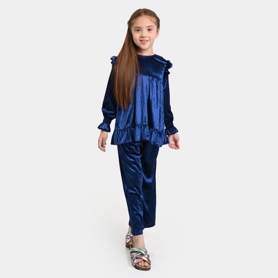 Girls Velvet Co-ord 2PC Set -Navy Blue