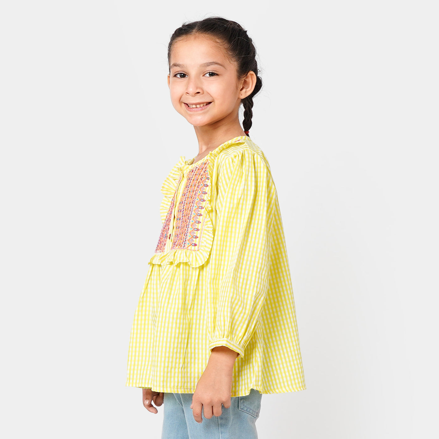 Girls Jacquard Embroidered Top - Yellow