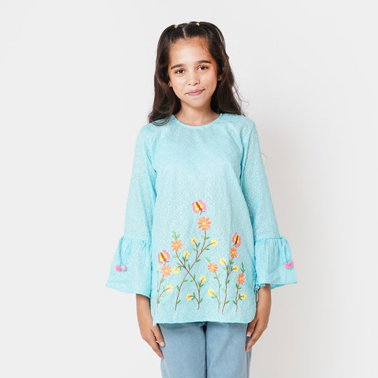 Girls Chicken Embroidered Top Butterfly Garden - Blue