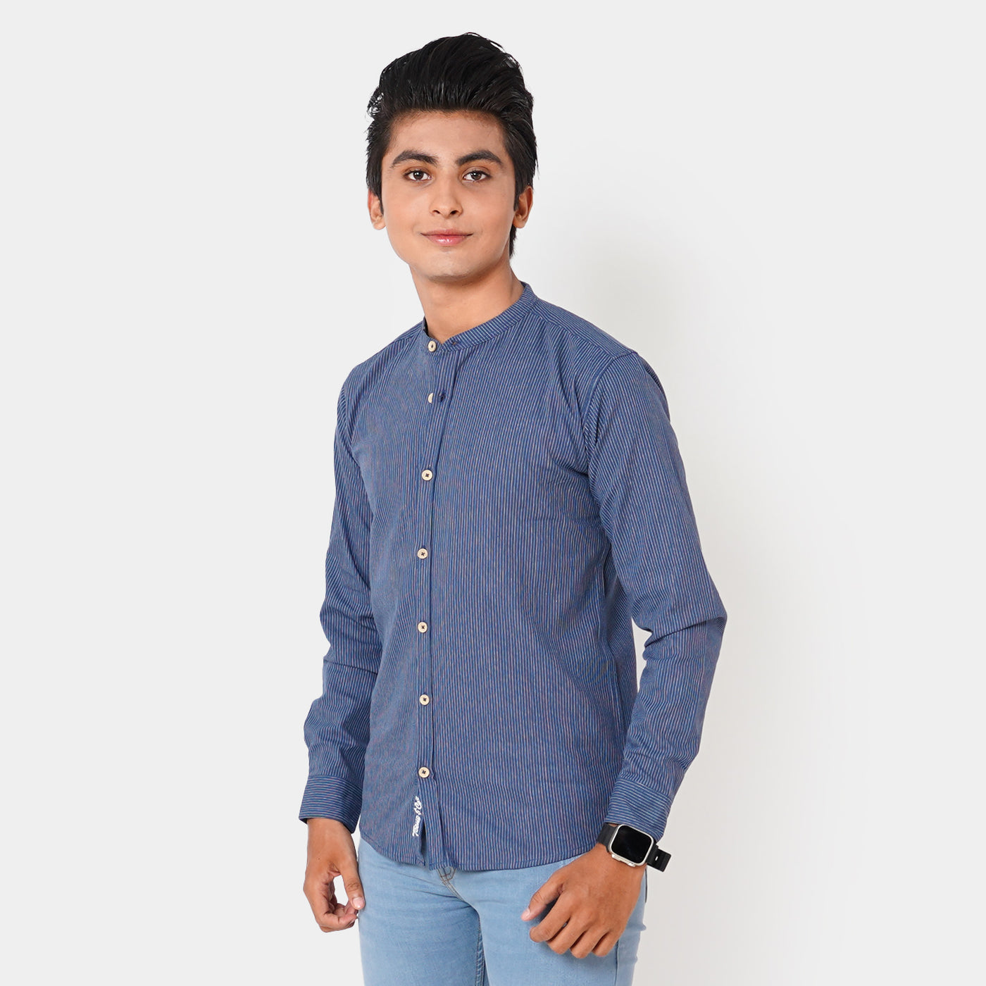 Boys Cotton Casual Shirt Pockets - Navy Strip