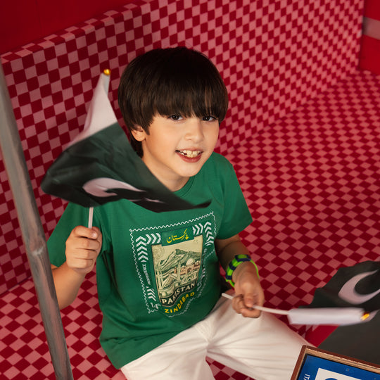 Boys Cotton Jersey T-Shirt One Pakistan's Landmark – Green