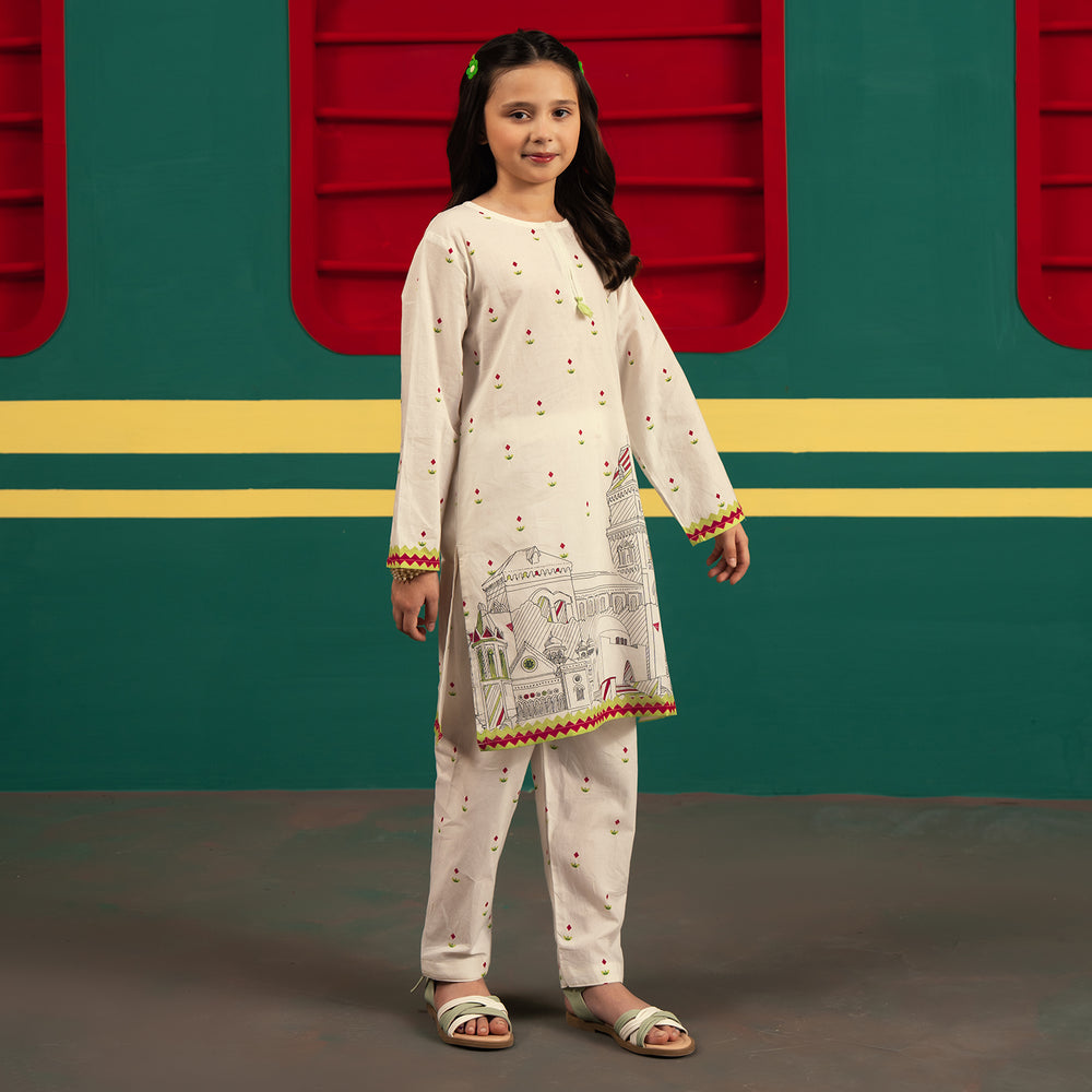 Girls Cotton Ind 2Pcs Sitara-White