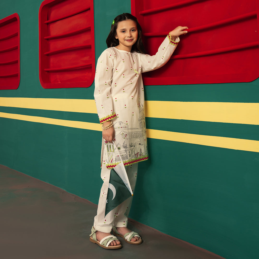 Girls Cotton Ind 2Pcs Sitara-White
