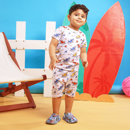 Boys Nylon Swimming Suit Shark-White