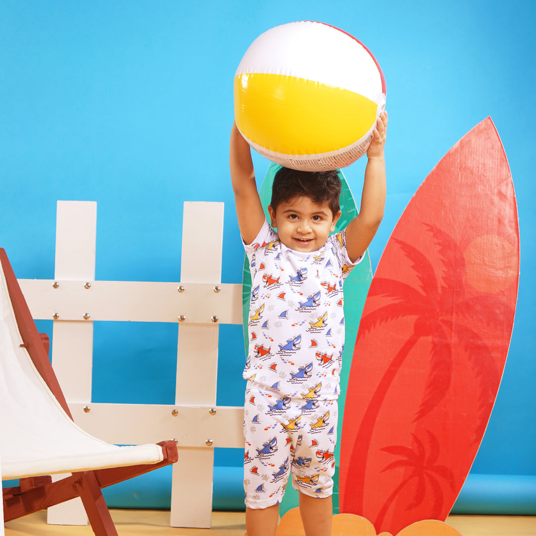 Boys Nylon Swimming Suit Shark-White