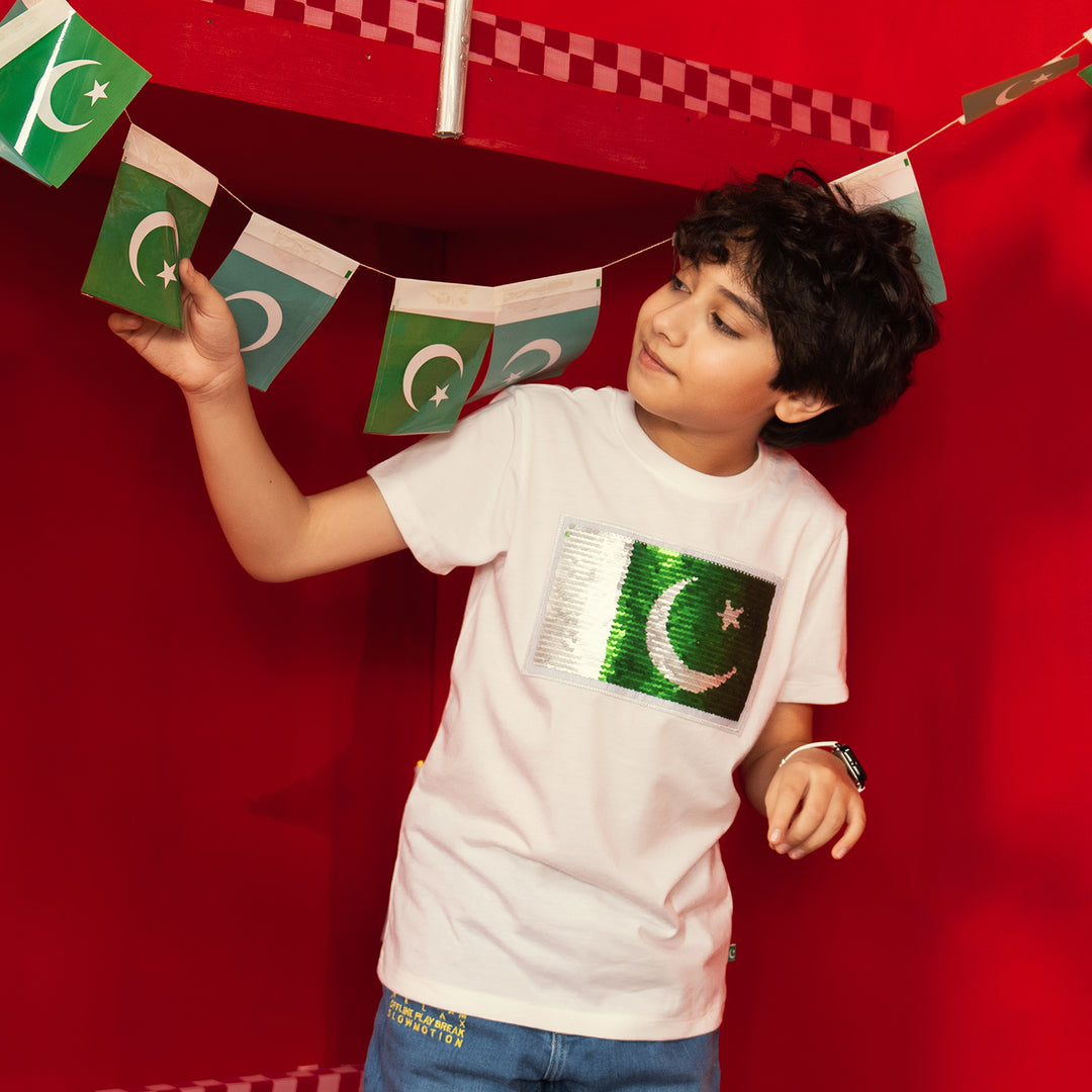Boys White Sequins Flag T-Shirt – White