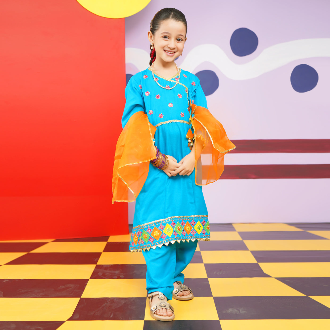 Girls Raw Silk 3PCs Suit Rang-o-Sehar-Blue