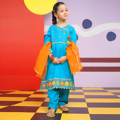 Girls Raw Silk 3PCs Suit Rang-o-Sehar-Blue