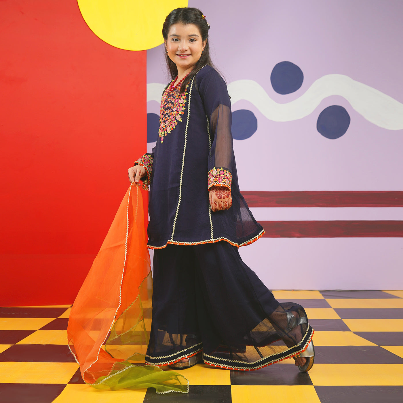 Girls Chiffon 3PC Suit Gul-e-Jahaan-Navy Blue