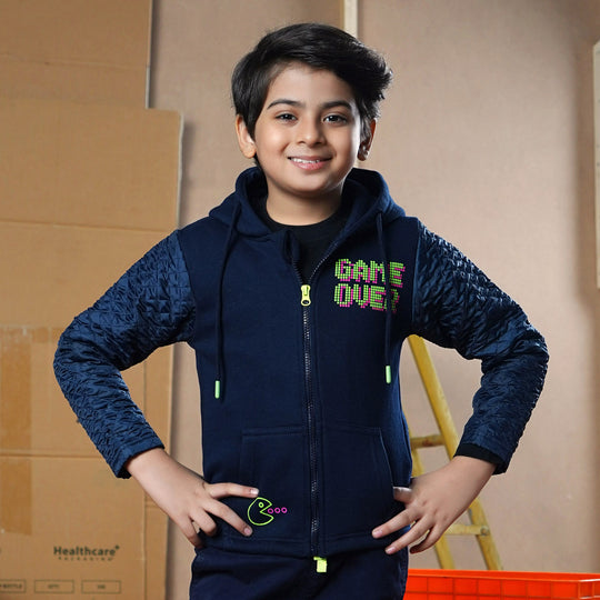 Boys Knitted Jacket Puffer Sleeves-Navy Blue