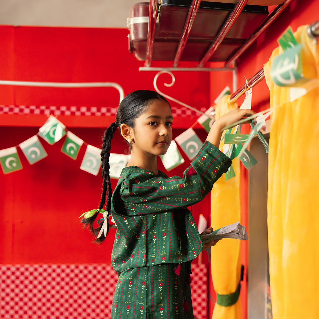 Girls Polyester Printed 3Pcs Ind Dil Dil Pakistan-L.Green