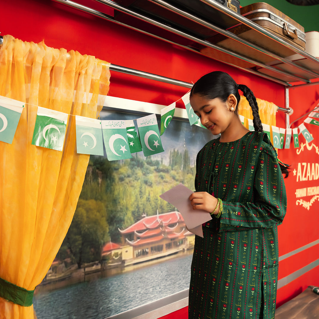 Girls Polyester Printed 3Pcs Ind Dil Dil Pakistan-L.Green