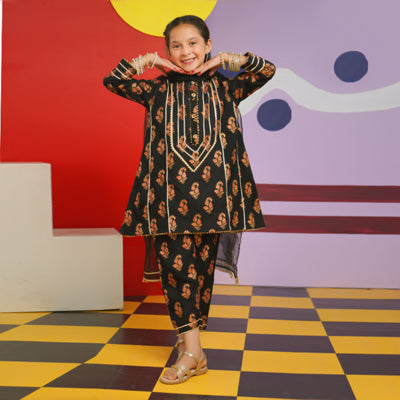 Girls Raw Silk 3PC Suit Chamak Dhamak-BLACK