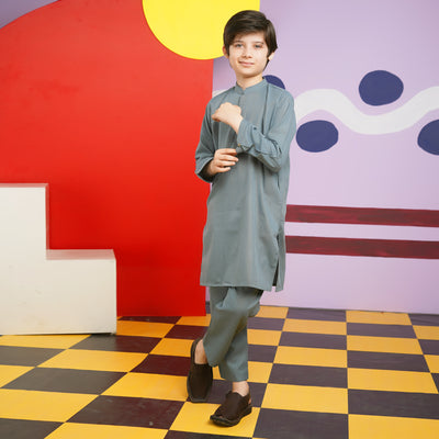 Boys Poly Viscose Shalwar Suit (Metal Stud)-GREY