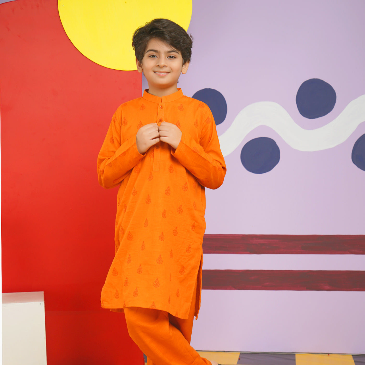 Boys Cotton Slub Shalwar Suit (DAMASK)-B.Orange