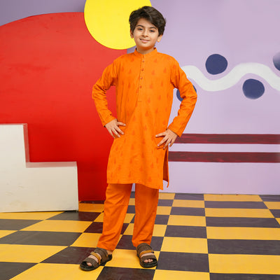 Boys Cotton Slub Shalwar Suit (DAMASK)-B.Orange