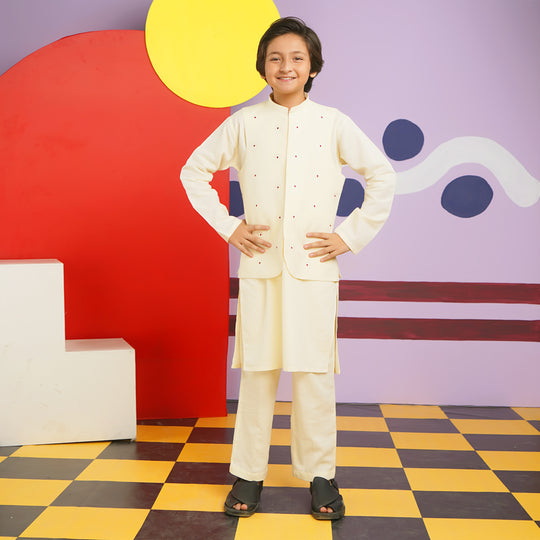 Boys Cotton Slub 3 Piece Suit (Royal)-Off white