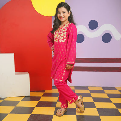 Girls Jacquard 2PC Suit Gota Pati-Paradise Pink