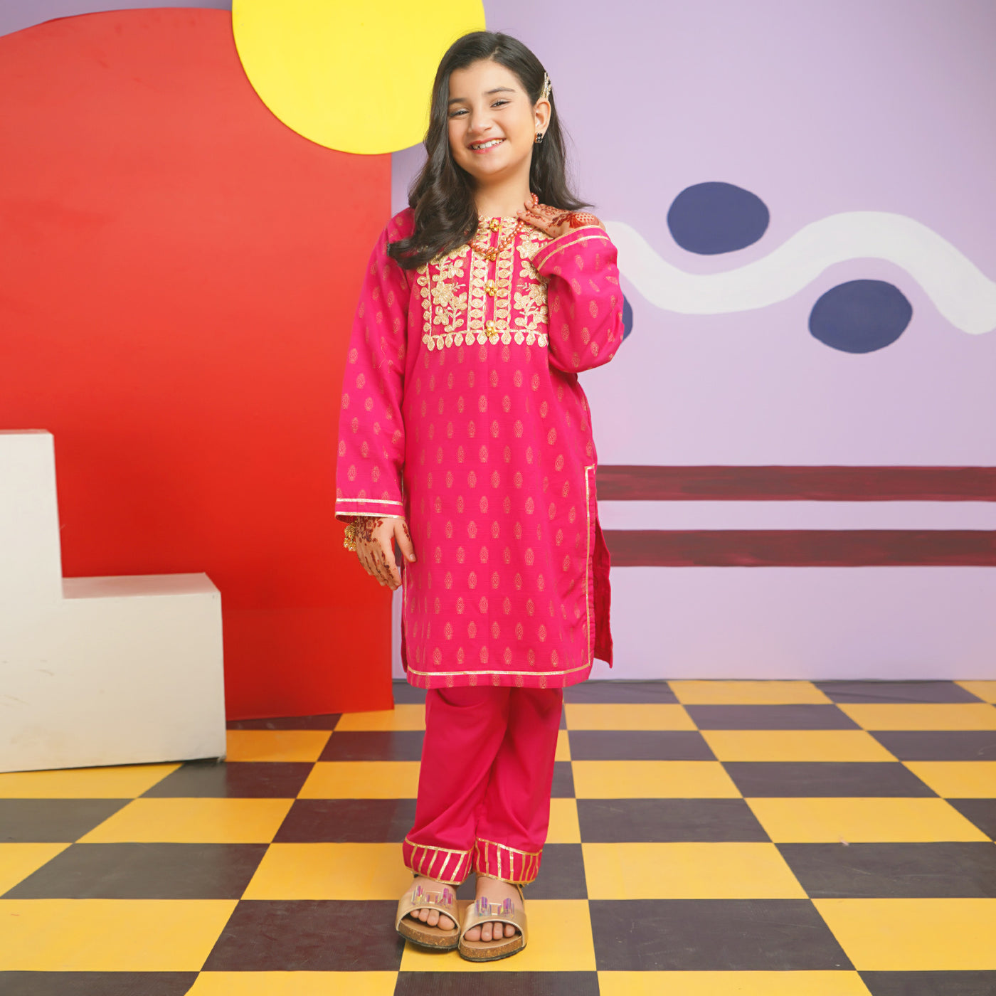 Girls Jacquard 2PC Suit Gota Pati-Paradise Pink