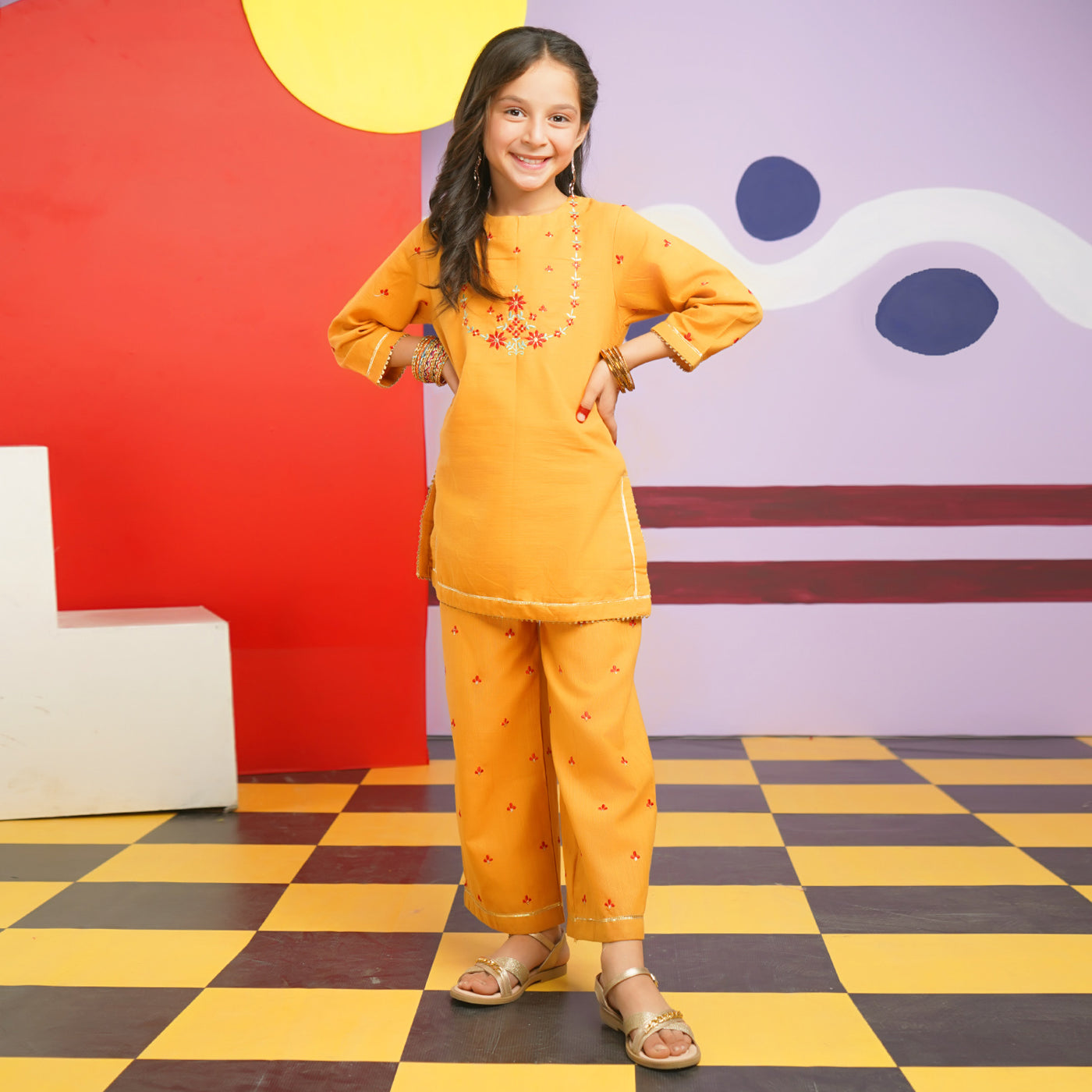 Girls Cotton Slub EMB 2PC Suit Sun Glow-Mustard