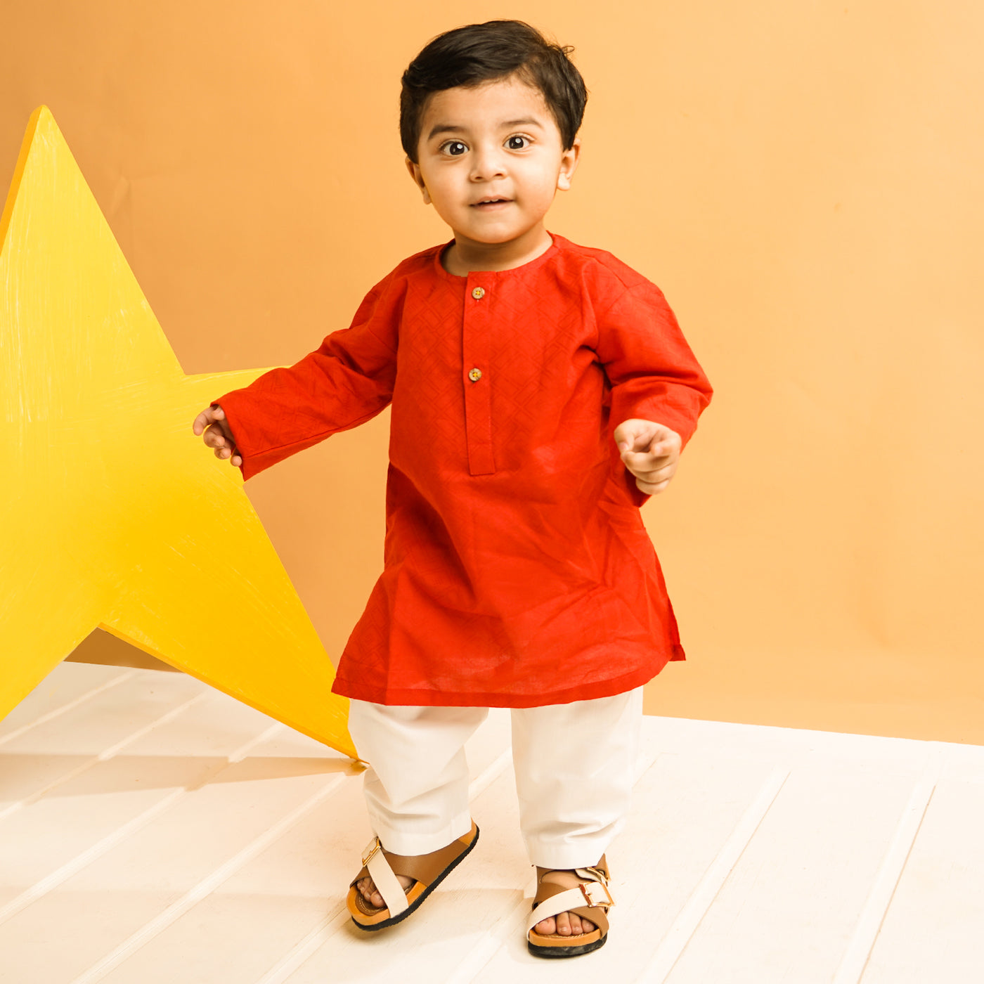 Infant Boys Cotton Jacquard Basic Kurta-Red