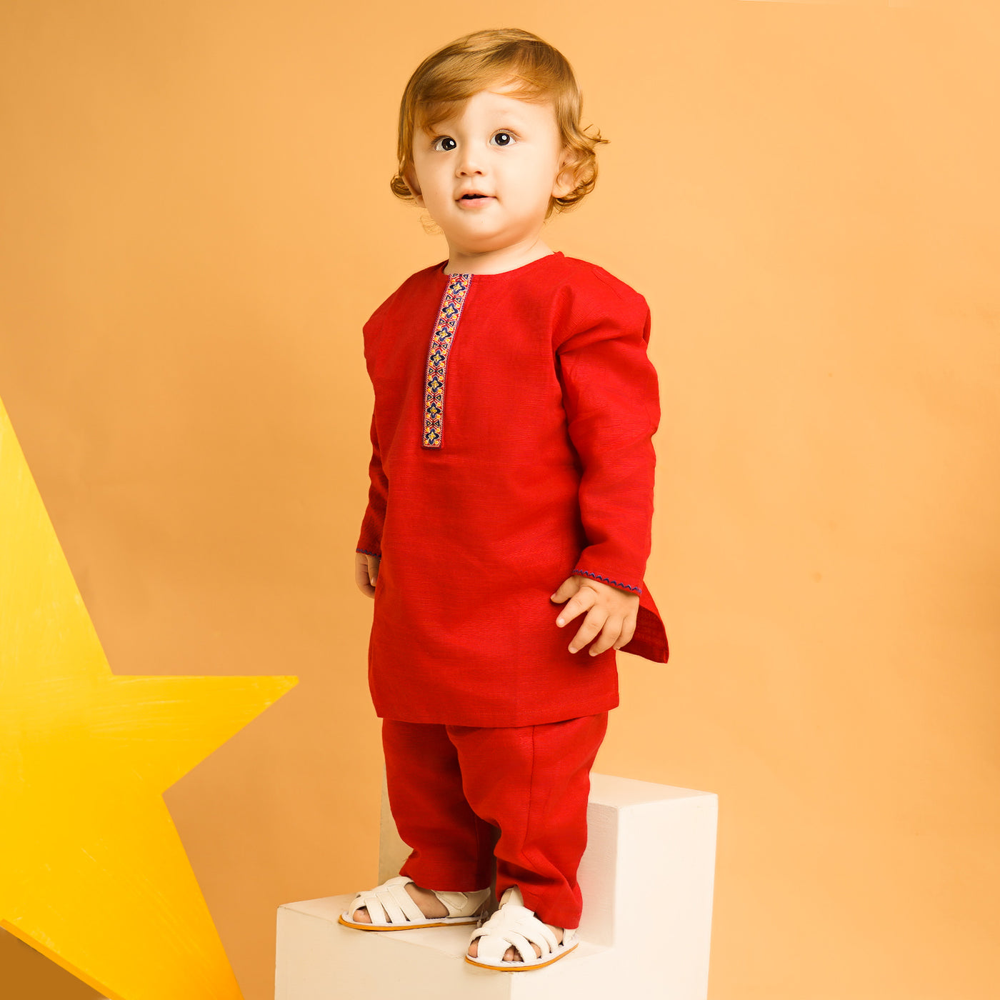 Infants Boys Cotton Slub Shalwar Suit (Funky Motif)-Redish