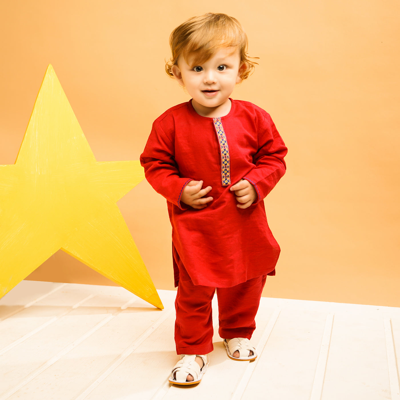 Infants Boys Cotton Slub Shalwar Suit (Funky Motif)-Redish