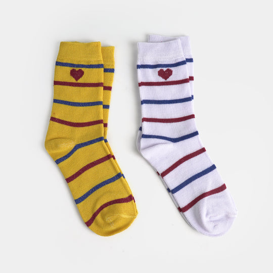 Girls Sock Pack of 2 Heart & Stripes-White. Yellow