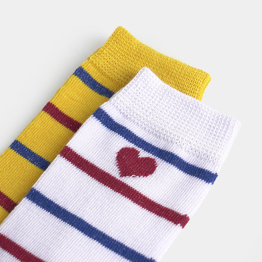 Girls Sock Pack of 2 Heart & Stripes-White. Yellow