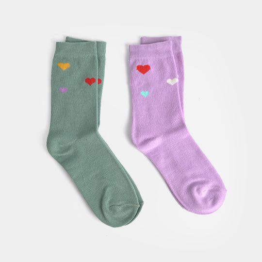 Girls Sock Pack of 2 Hearts-Purple. Green