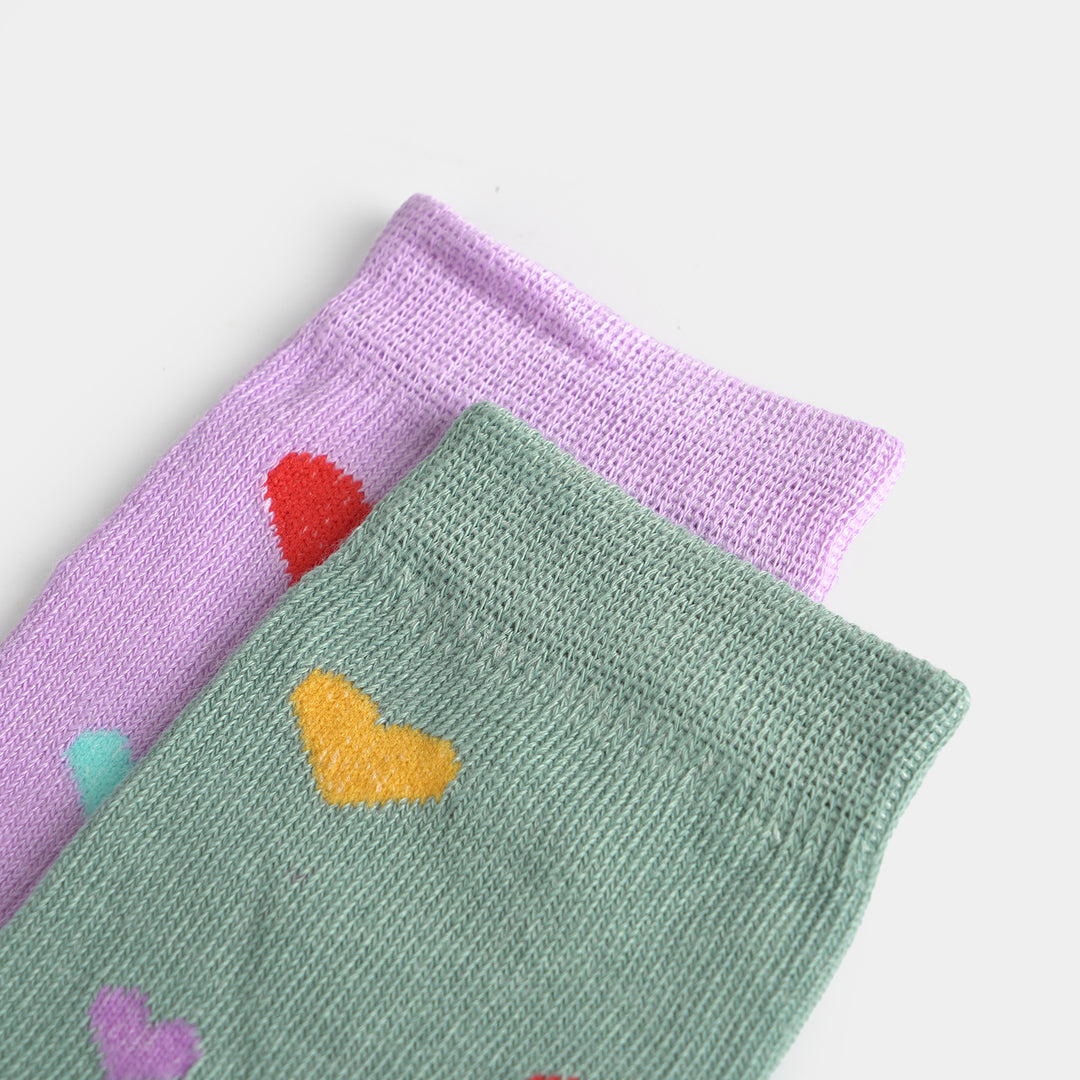 Girls Sock Pack of 2 Hearts-Purple. Green
