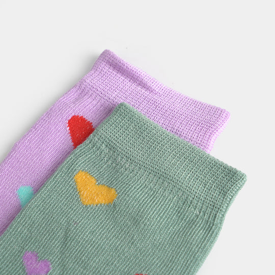 Girls Sock Pack of 2 Hearts-Purple. Green