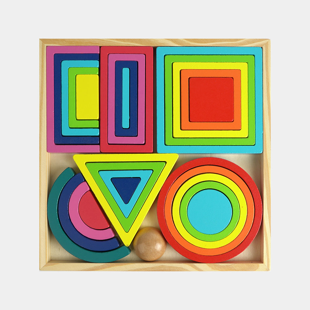 Wooden Rainbow Concentric Geometric Stacking Tray Set