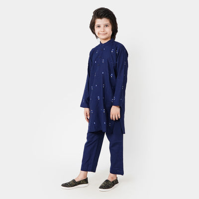 Boys EMBROIDERED  Cotton Kurta Pajama 709 - Navy Blue