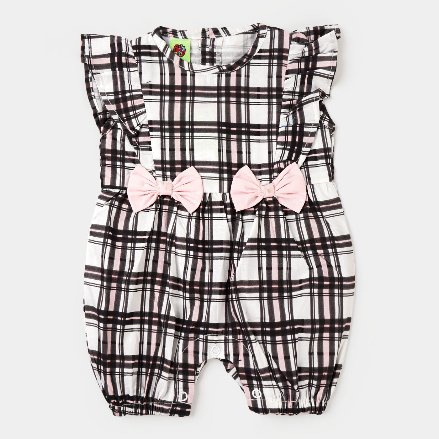 Infant Girls Woven Romper Check Bow - BLACK