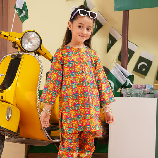 Girls Cotton Poplin IND 2Pcs Suit Dil Dil Pakistan-Multi