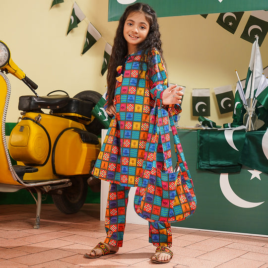 Girls Cotton Poplin IND 2Pcs Suit Funky Tickets-Multi