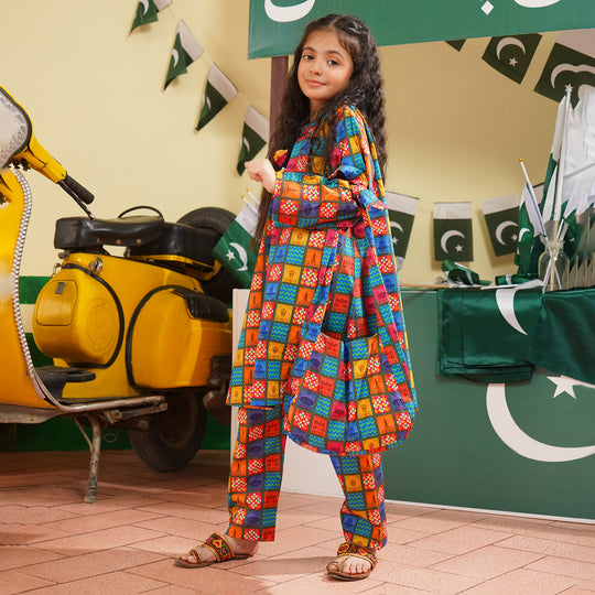 Girls Cotton Poplin IND 2Pcs Suit Funky Tickets-Multi