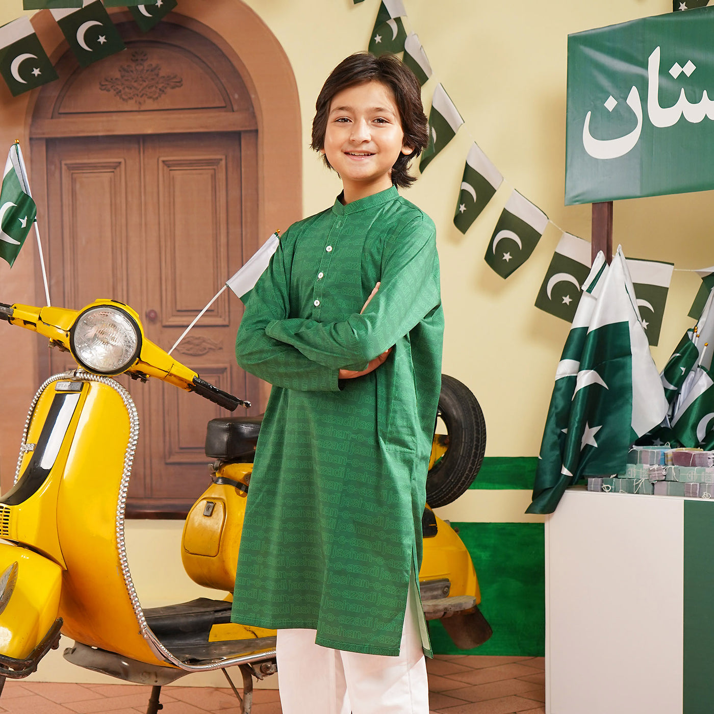 Boys Cotton Poplin Printed Kurta (Jashan-e-Azadi)-Green
