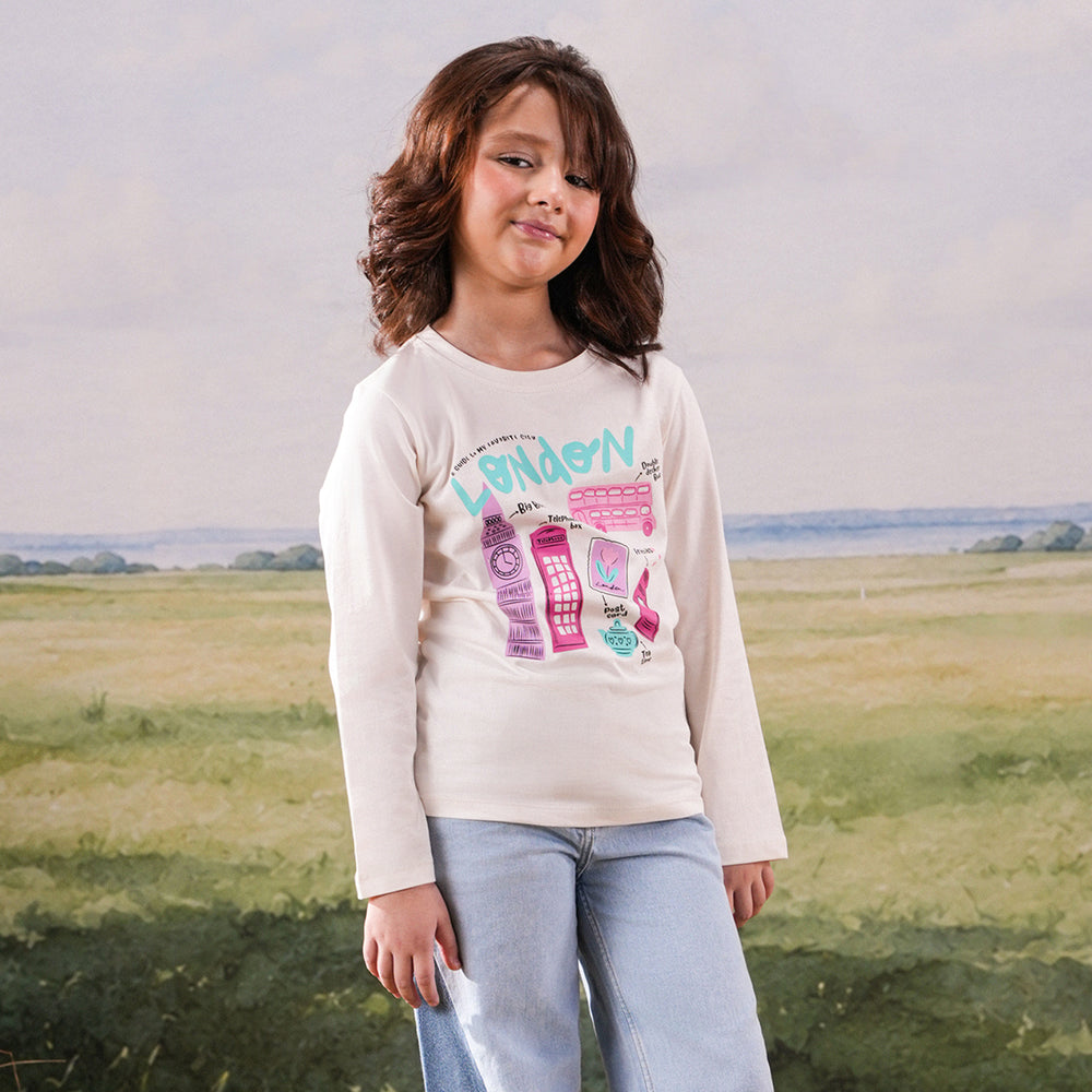 Girls Cotton Jersey T-Shirt London - Off White