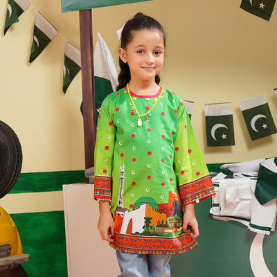 Girls Cotton Poplin IND Kurti Azm-e-Pakistan-Green