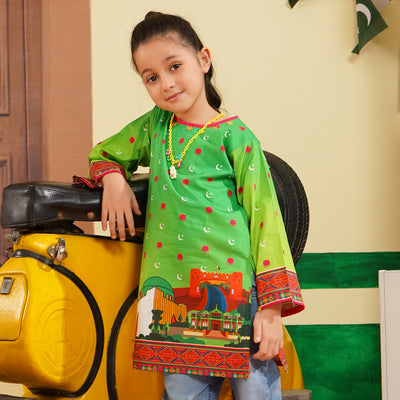 Girls Cotton Poplin IND Kurti Azm-e-Pakistan-Green