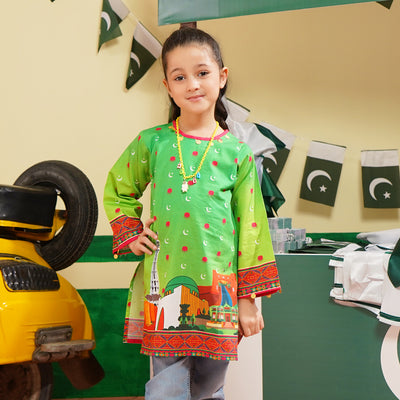 Girls Cotton Poplin IND Kurti Azm-e-Pakistan-Green