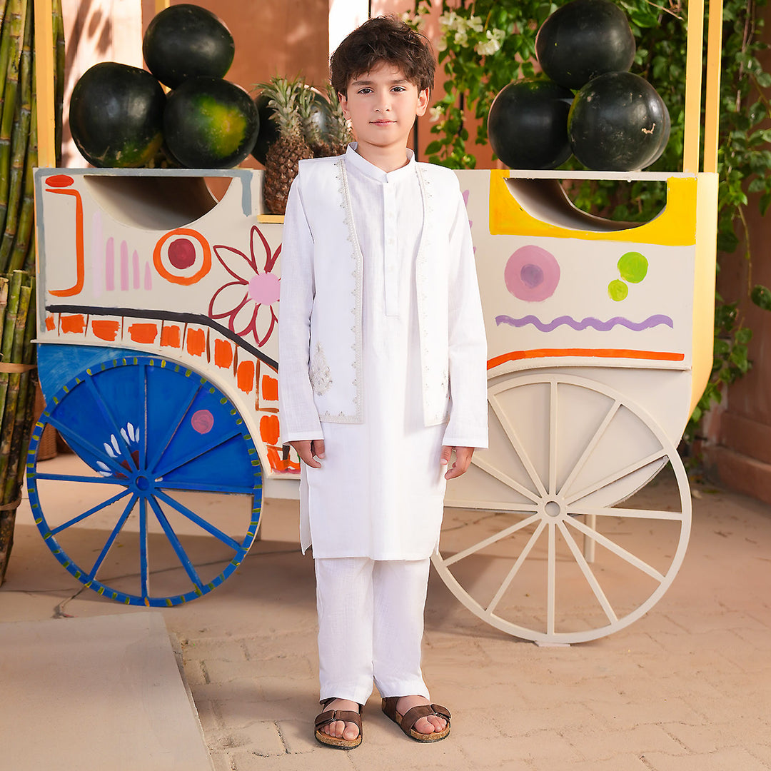 Boys Cotton Slub 3Piece Suit (Front Open) -WHITE