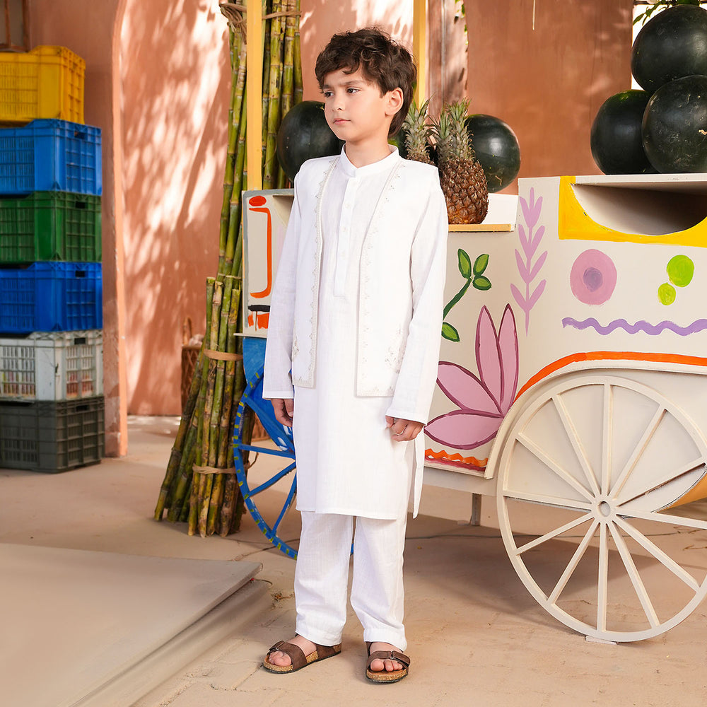 Boys Cotton Slub 3Piece Suit (Front Open) -WHITE