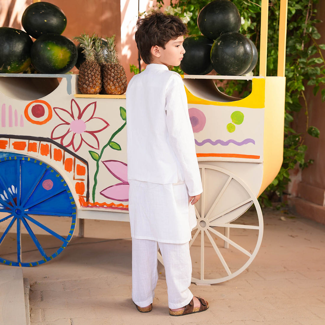 Boys Cotton Slub 3Piece Suit (Front Open) -WHITE