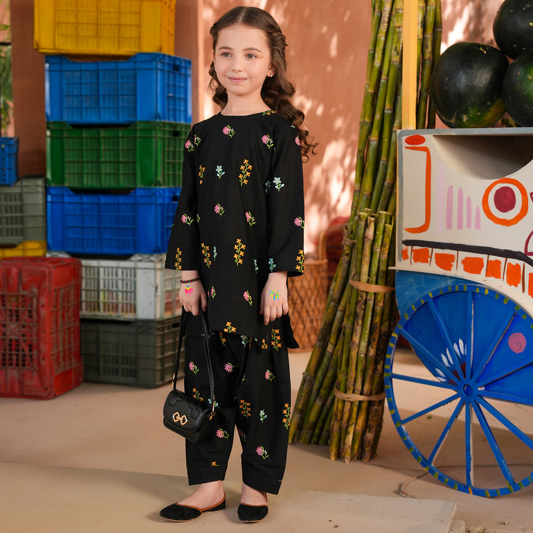 Girls Cotton Slub Emb 2Pcs Jahan Gul-BLACK
