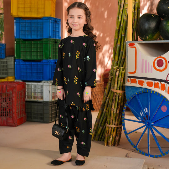 Girls Cotton Slub Emb 2Pcs Jahan Gul-BLACK